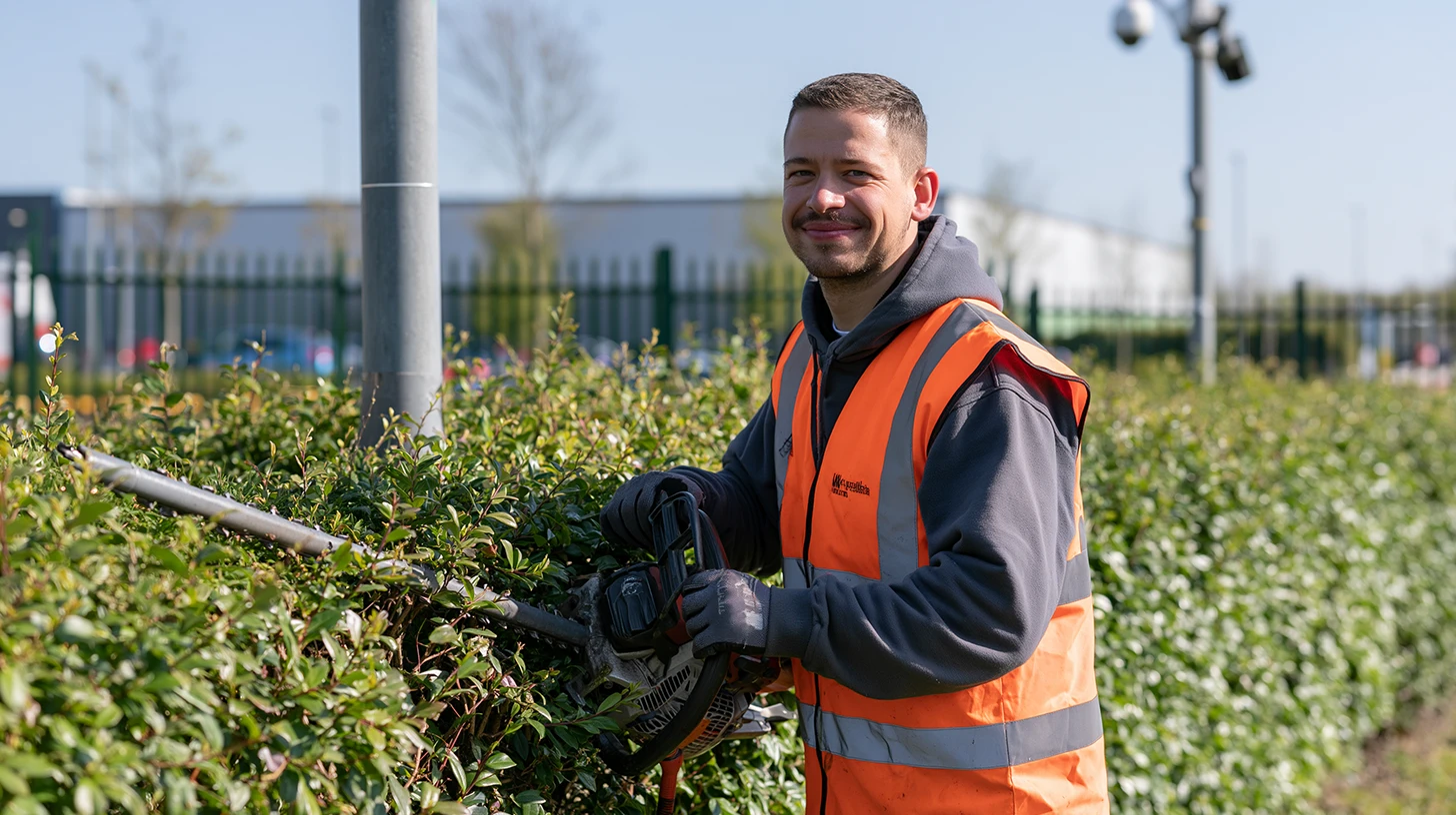 Groundskeeper trimming a hedge near a security camera to keep sightlines clear