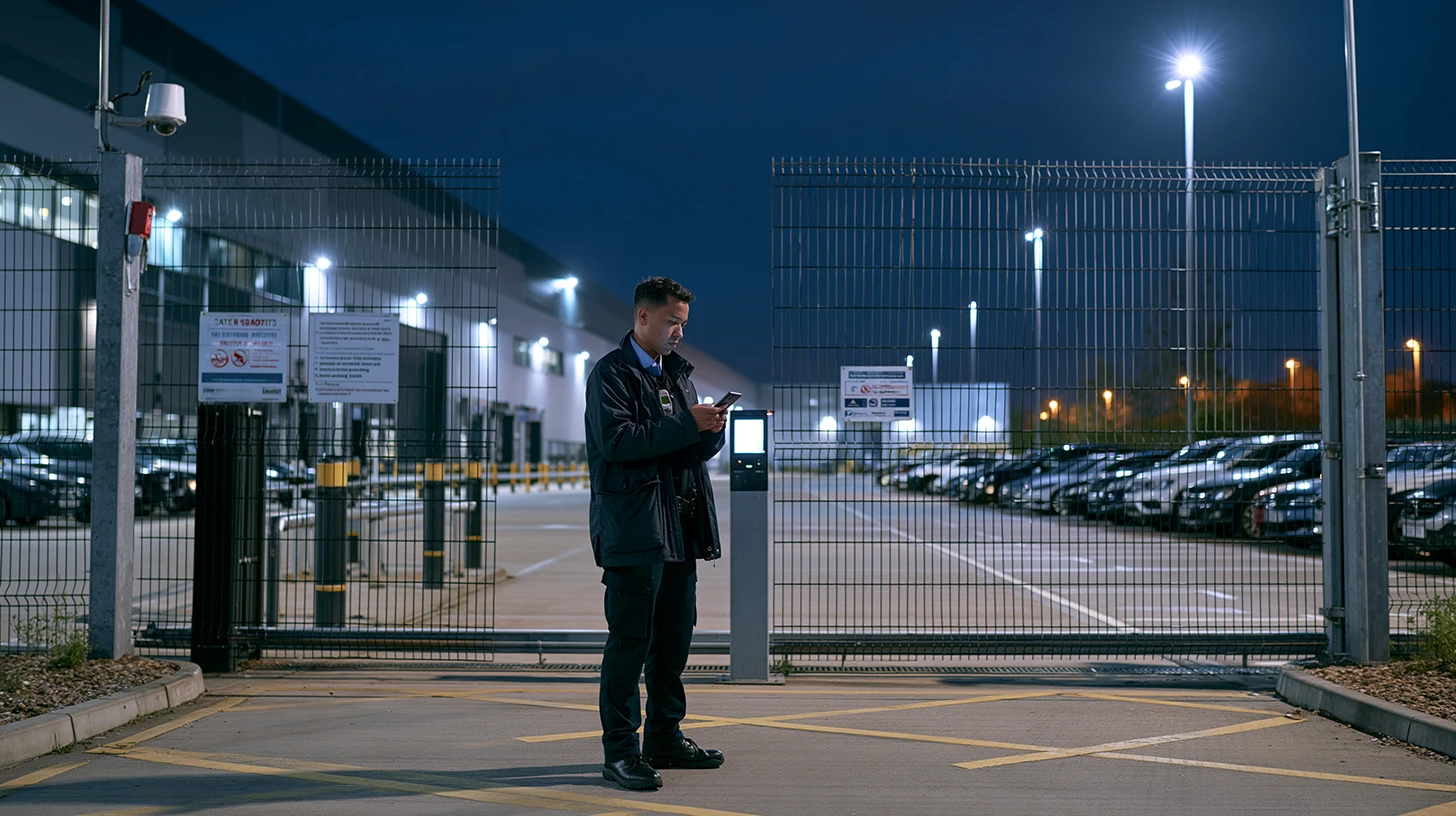 Security guard on night patrol using a digital checkpoint and lone worker safety device