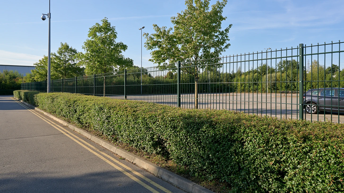 Low, well trimmed perimeter hedge keeping sightlines clear across a UK site