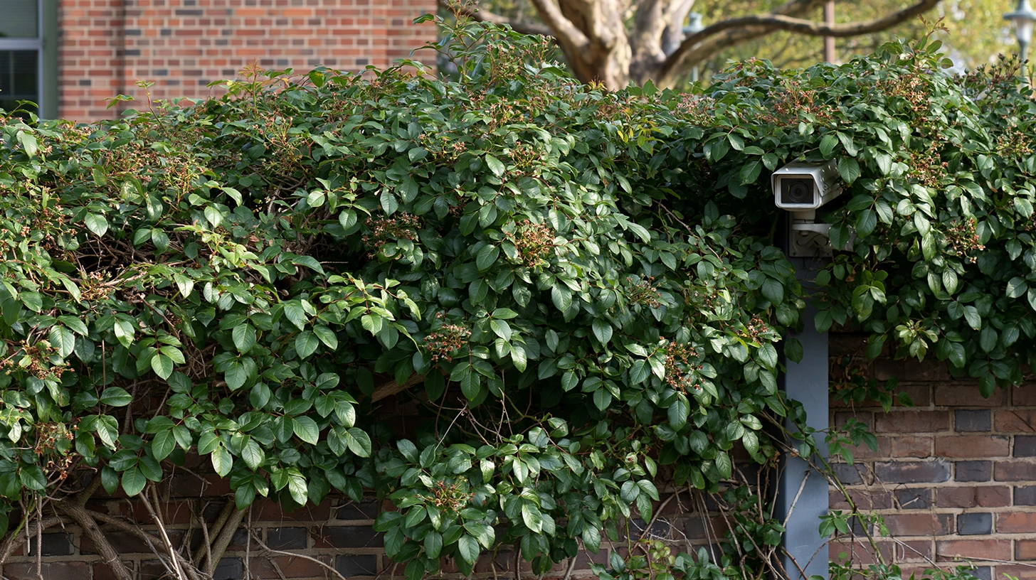 Overgrown hedge branches obscuring a CCTV camera lens, creating a blind spot