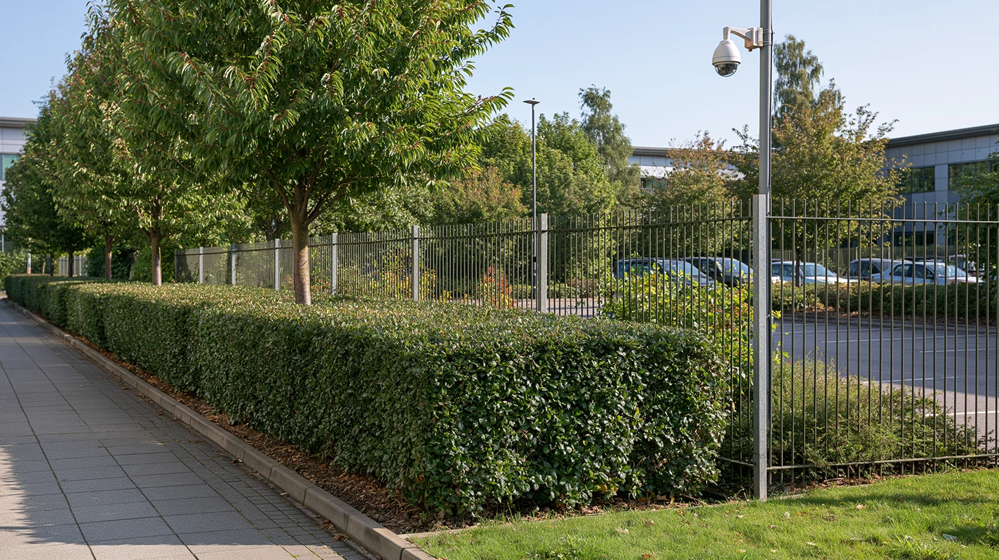 uk-site-security-grounds-maintenance-featured Well maintained UK commercial site with trimmed hedges and clear CCTV sightlines