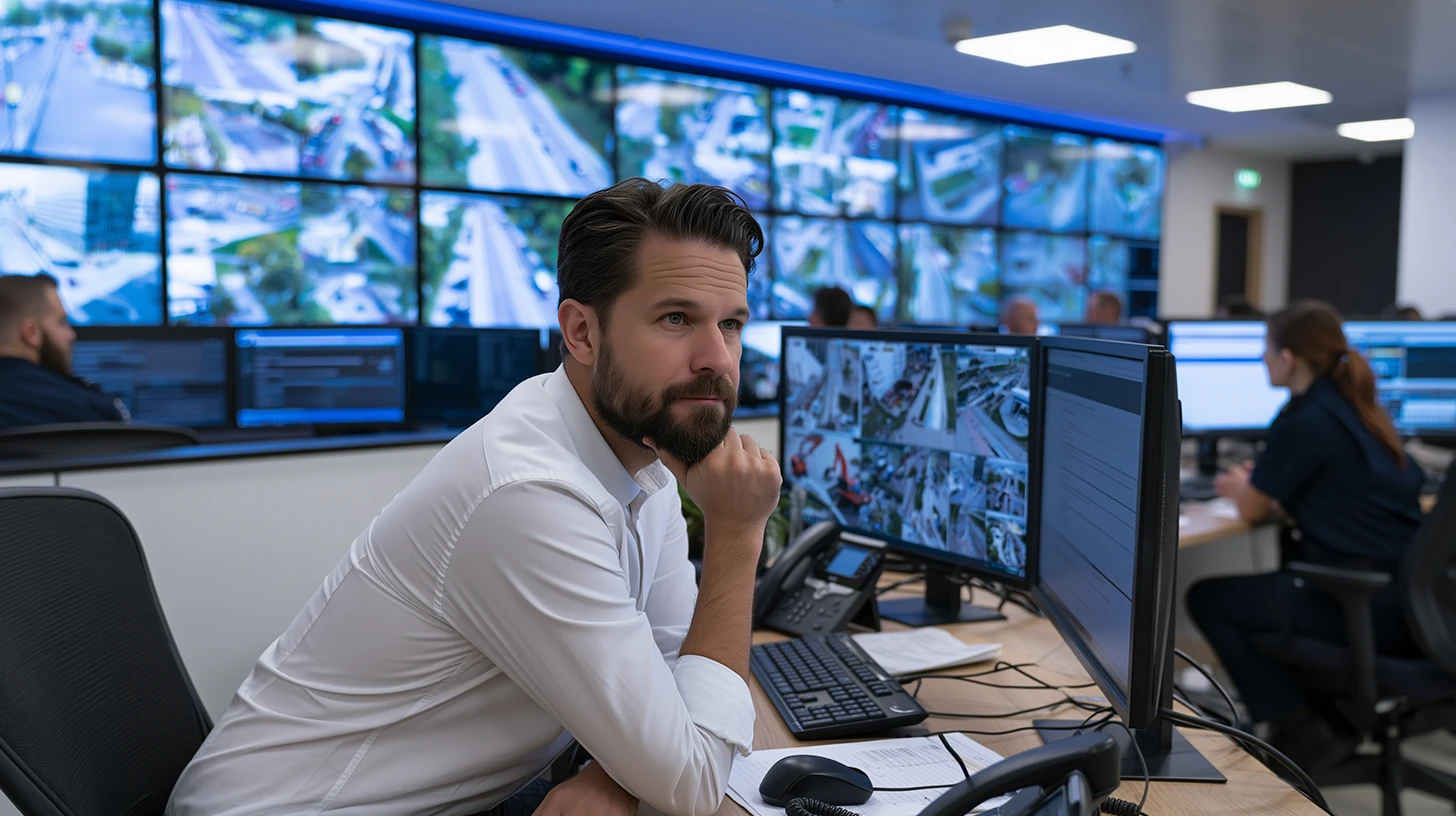 Security operations control room with CCTV monitors and live camera feeds