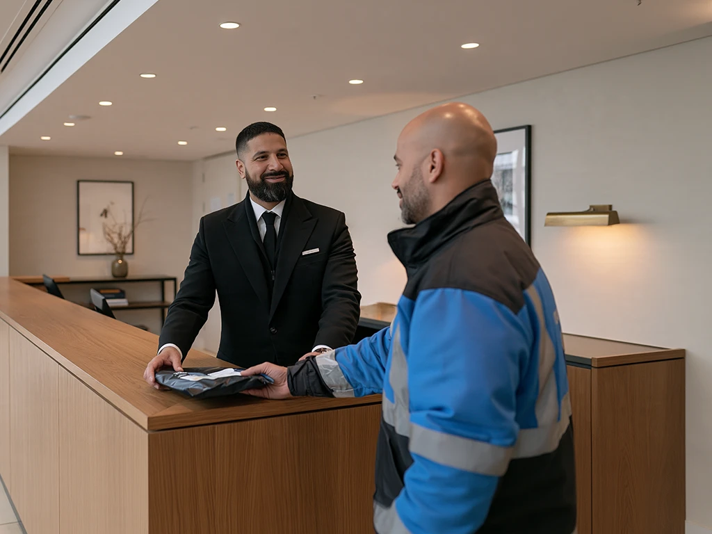 Concierge security guard accepting a parcel delivery from a courier at a residential reception desk in London
