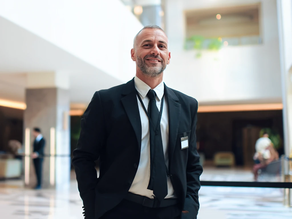 Concierge security guard officer Concierge security guard officer working in open spaced concierge lobby