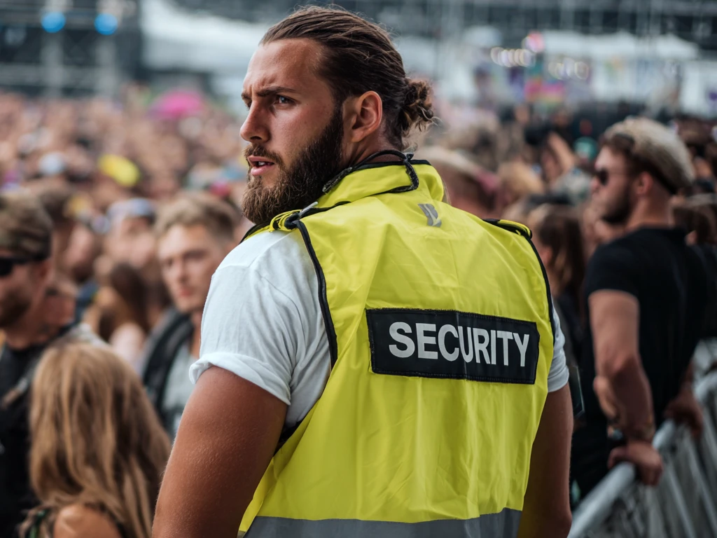 London Event Security Guard, head turnt, observing festival crowd