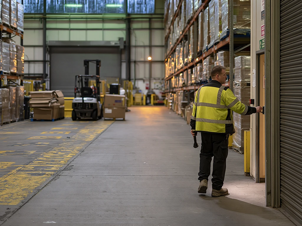 London Warehouse Security Guard Warehouse security guard in London Industrial Warehouse checking and doing patrol wearing hi viz yellow jacket