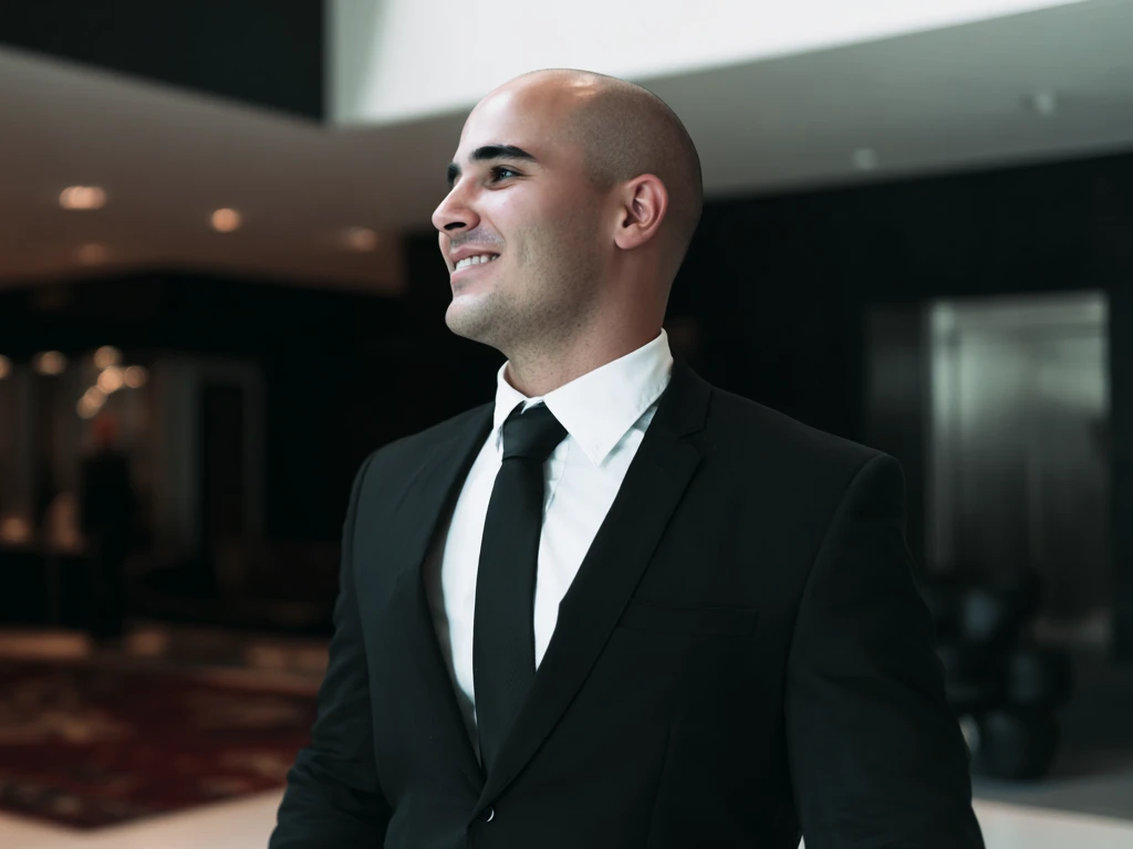 Private event security guard working outside private event entrance in smart suit