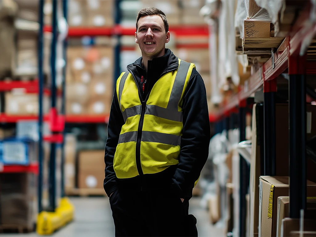 Security guard officer working in warehouse smiling observing stock