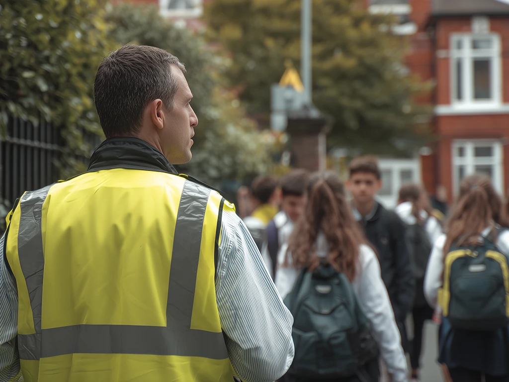 Educational security guard on duty at a school entrance, providing access control for an Enfield institution