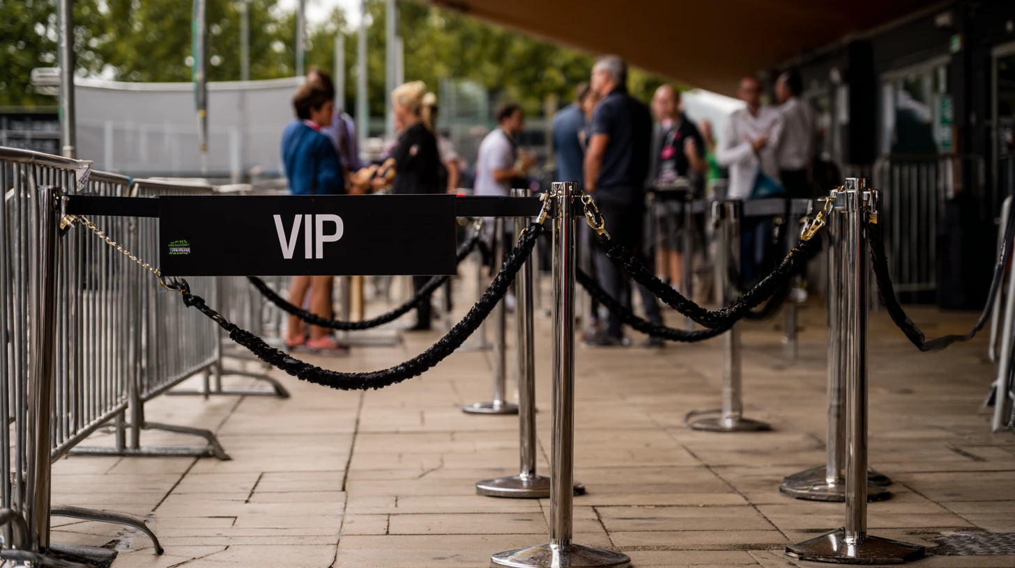 Managing VIP and Restricted Areas at UK Events A VIP entrance area at an outdoor UK event, photographed in shallow depth of field. In the foreground, chrome stanchion posts are connected by thick black braided rope, with a prominent black rectangular sign reading "VIP" in bold white uppercase letters. A small green logo is visible in the lower left corner of the sign. To the left, silver metal crowd control barriers run parallel to the VIP lane. The paved stone ground is visible beneath the barriers. In the softly blurred background, a group of approximately eight people — dressed in casual to smart-casual attire — stand and converse near what appears to be an event entrance or check-in point. Trees and a building canopy are faintly visible further in the background under an overcast sky, suggesting an outdoor venue in warm weather.