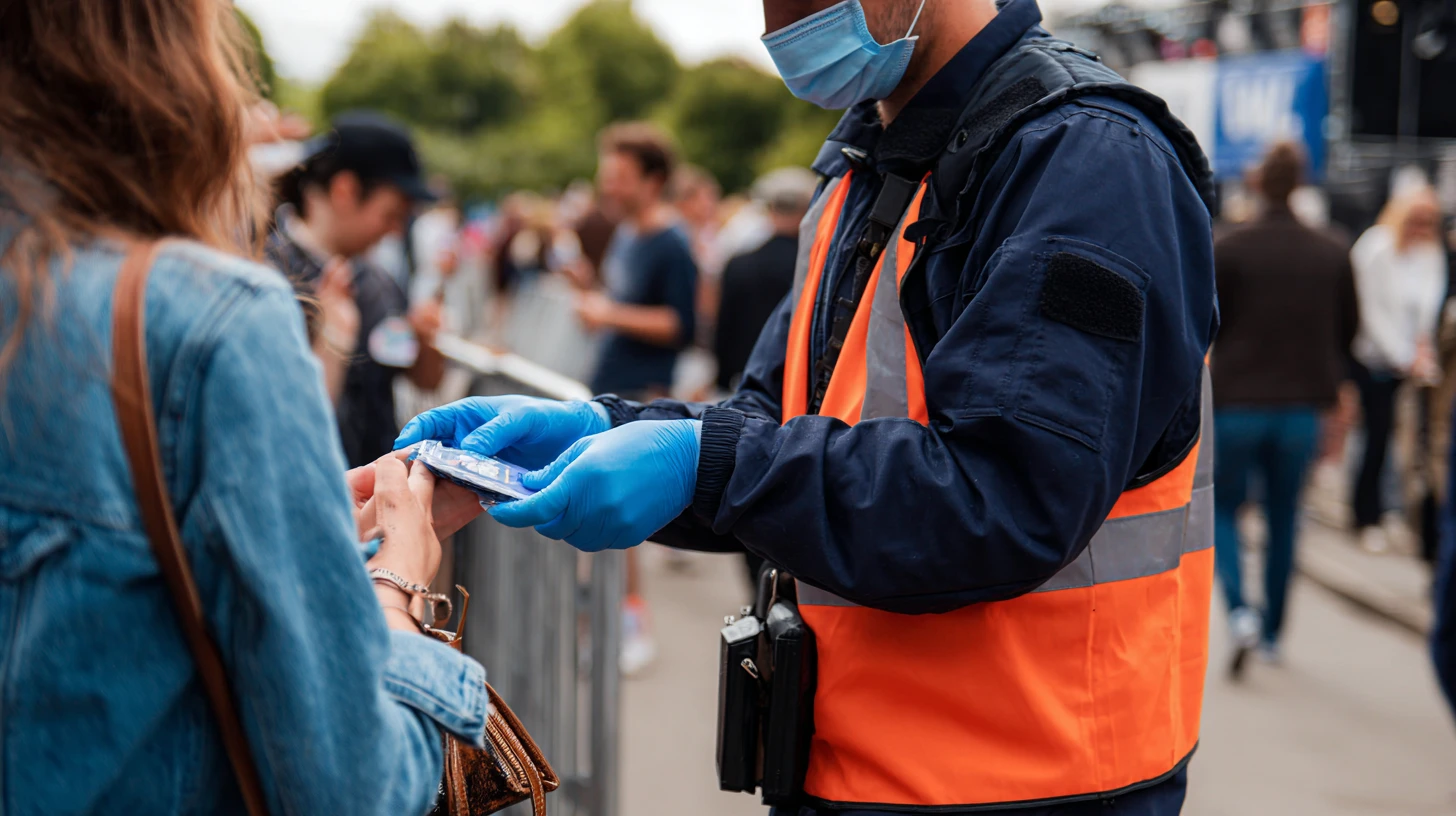A close-up shot of a UK security guard at an outdoor festival entrance checking a ticket held by a female attendee. The guard is wearing a navy blue jacket, a high-visibility orange reflective vest, blue nitrile gloves, and a light blue surgical face mask. A two-way radio is clipped to his belt. He is holding a small card or ticket in his gloved hands while the attendee, shown from behind and slightly out of focus, extends her hand holding the item. She is dressed in a denim jacket and carries a brown bag, with a bracelet visible on her wrist. In the softly blurred background, a crowd of festival goers queues along metal crowd control barriers, with green trees and blue event infrastructure visible under an overcast sky.